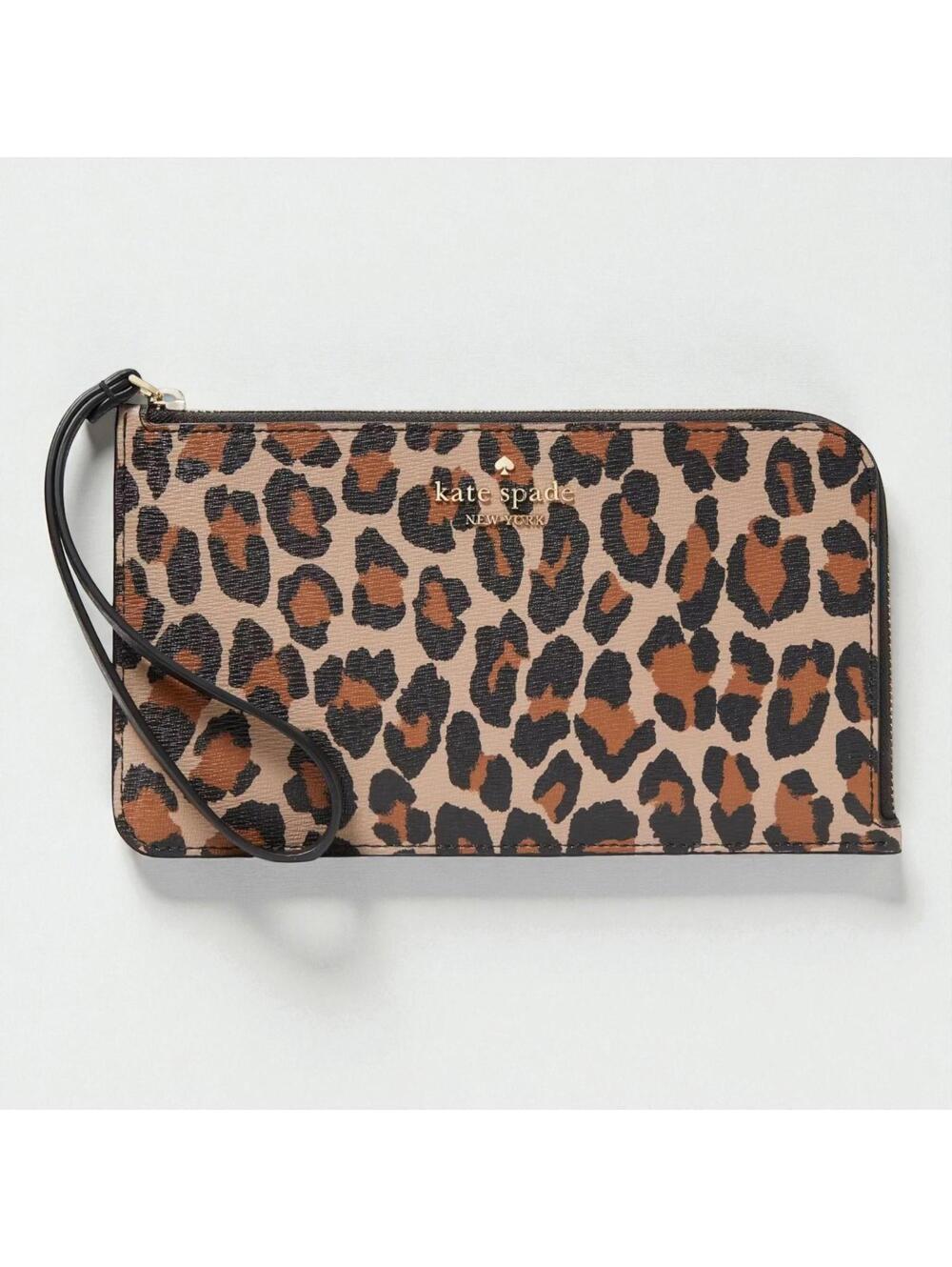 Kate Spade Lucy Leopard Print Wristlet Clutch Wallet Purse Saffiano Leather New